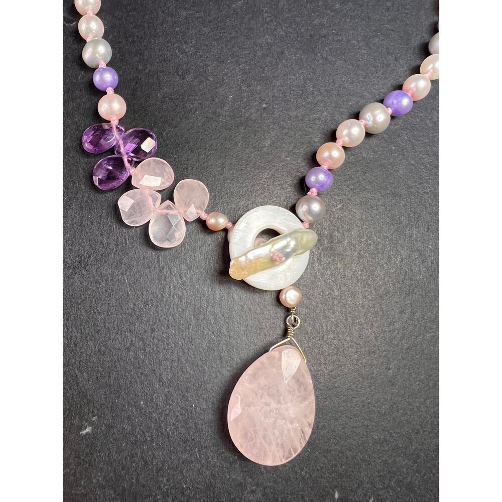NEW multi color freshwater pearl, rose quartz and amethyst necklace